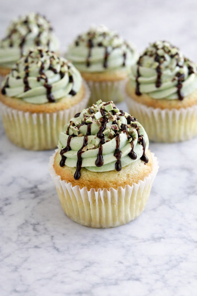 Shamrock shake cupcakes with mint buttercream, chocolate syrup drizzle, and chopped Andes mints on a marble countertop.