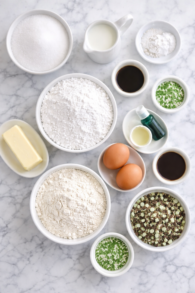 Flat lay of ingredients for shamrock shake cupcakes including flour, sugar, eggs, butter, milk, mint extract, green food coloring, chocolate syrup, and chopped Andes mints on a marble countertop.