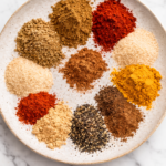 Plate with separate piles of shawarma seasoning spices on a white marble countertop