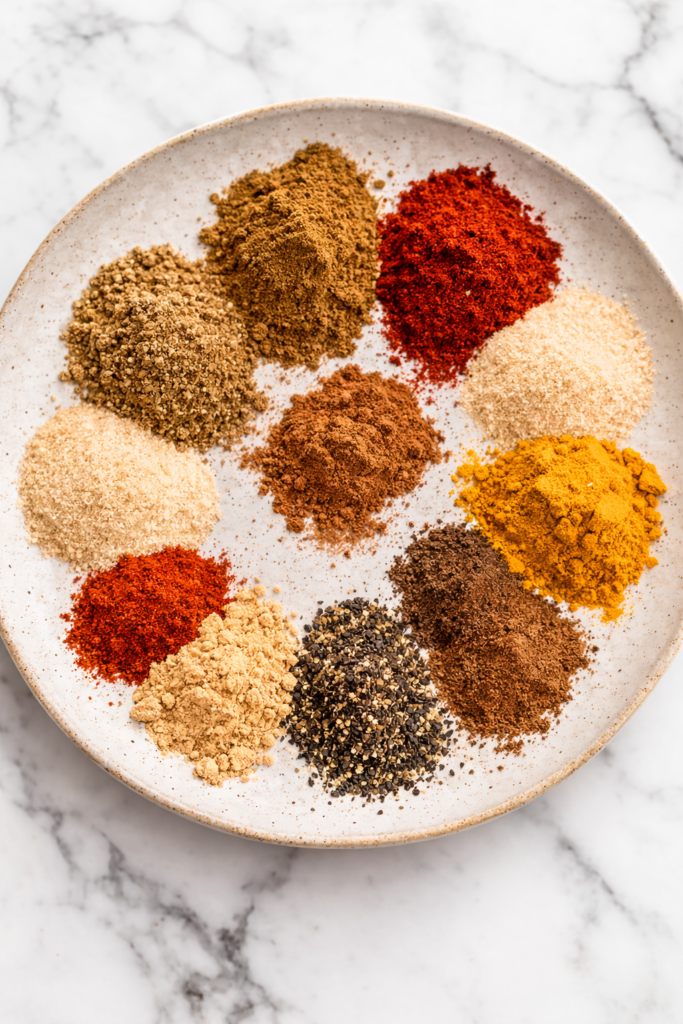 Plate with separate piles of shawarma seasoning spices on a white marble countertop