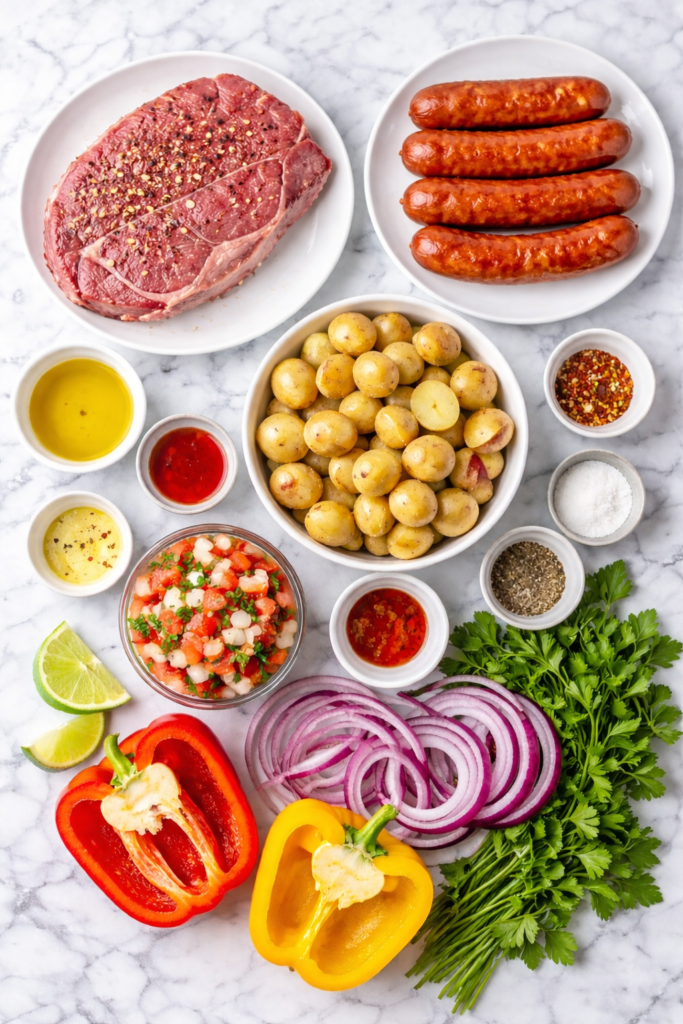 Flat lay of ingredients for sheet pan Brazilian steakhouse dinner with whole sirloin steak, whole spicy sausages, baby potatoes, peppers, onions, parsley and tomato onion vinaigrette on a marble countertop.