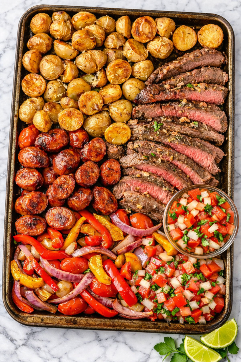 Sheet pan Brazilian steakhouse dinner with sliced steak, spicy sausage, roasted potatoes, peppers, onions and fresh tomato onion vinaigrette on a marble countertop.