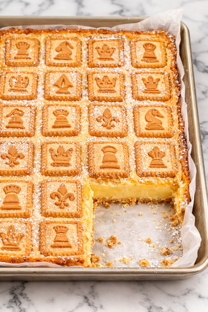 Sheet pan chessman pie bars topped with chessman butter cookies and dusted with powdered sugar on a marble countertop