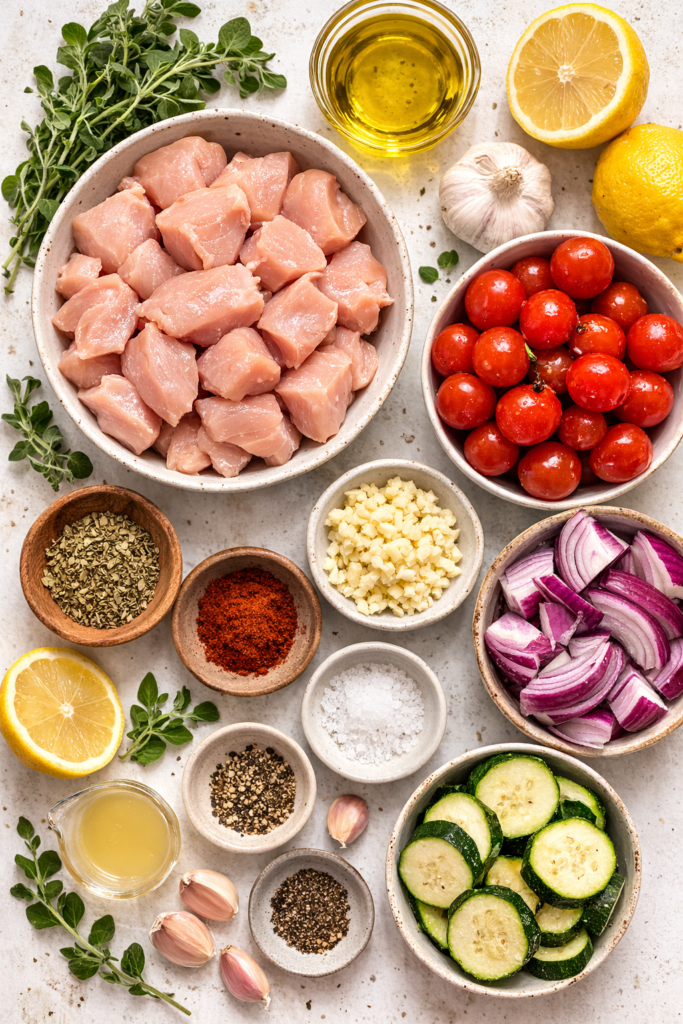 Flat lay of ingredients for sheet pan chicken souvlaki including chicken, cherry tomatoes, zucchini, red onion, garlic, lemon, olive oil, oregano, and spices