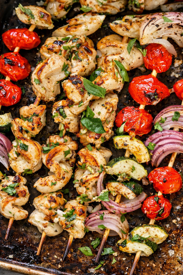 Sheet pan chicken souvlaki skewers with cherry tomatoes, zucchini, and red onion roasted on a well-loved baking sheet