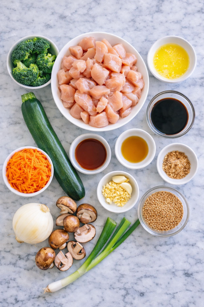 Flat lay of ingredients for sheet pan hibachi chicken including raw chicken, zucchini, broccoli, mushrooms, garlic, soy sauce and sesame oil on a marble counter