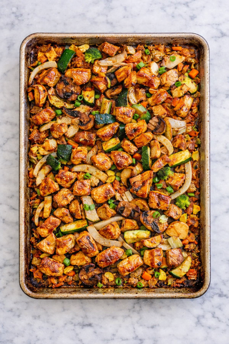 Sheet pan hibachi chicken with zucchini, onions, mushrooms and carrots roasted on a well used baking sheet on a marble counter