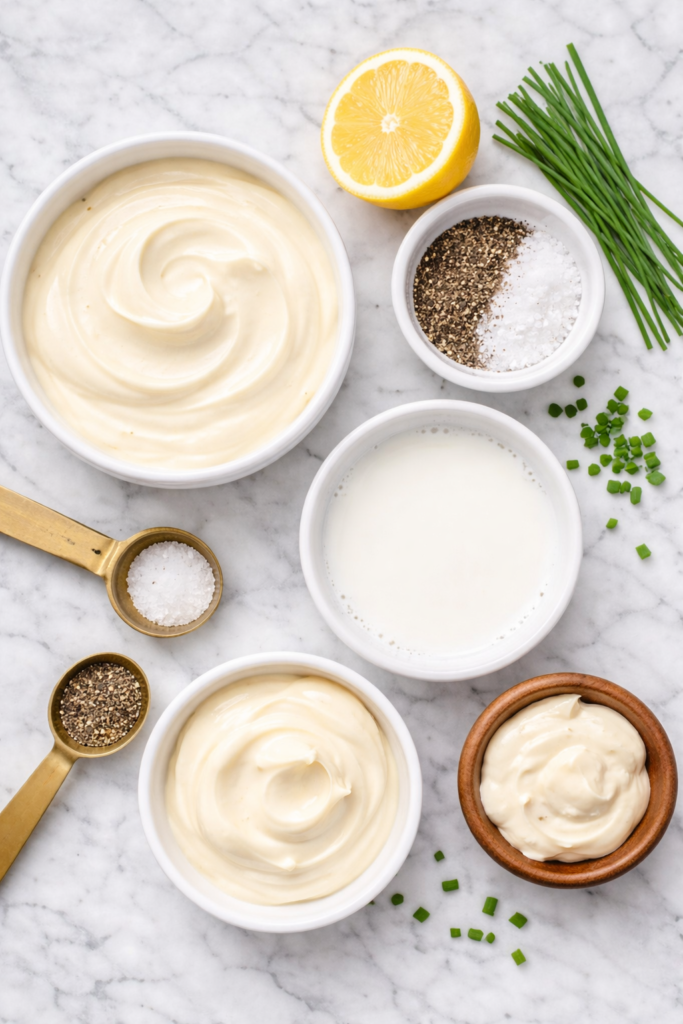 Flat lay of ingredients for shortcut hollandaise sauce including mayonnaise, milk, lemon, salt, pepper, and chopped chives on a marble countertop