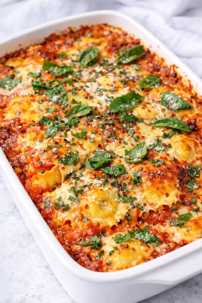 Cheesy ravioli lasagna baked in a white dish with marinara sauce, melted mozzarella, torn basil leaves, parmesan, and red pepper flakes on a marble countertop
