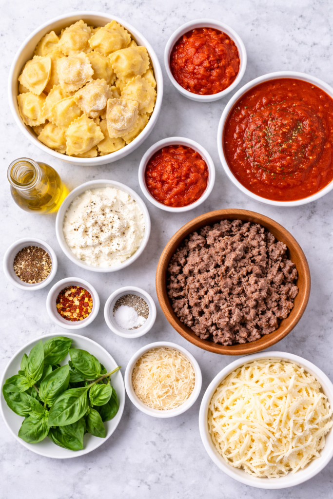 Shortcut Ravioli Lasagna Ingredients Flat Lay | Easy Pasta Bake