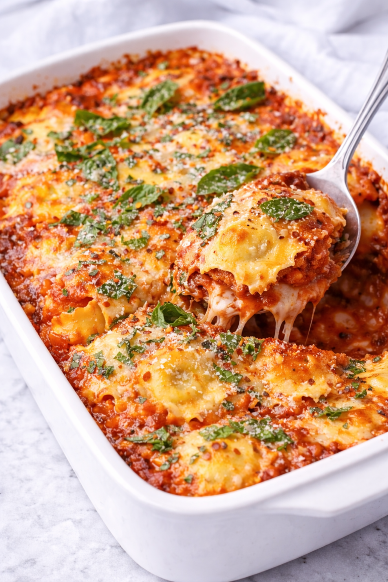 Spoon scooping cheesy ravioli lasagna from a white baking dish with marinara sauce, melted mozzarella, torn basil, parmesan, and red pepper flakes on a marble countertop