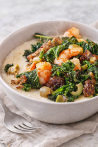 Shrimp, sausage, and kale served over creamy fontina cheese grits in a neutral bowl on a marble countertop.