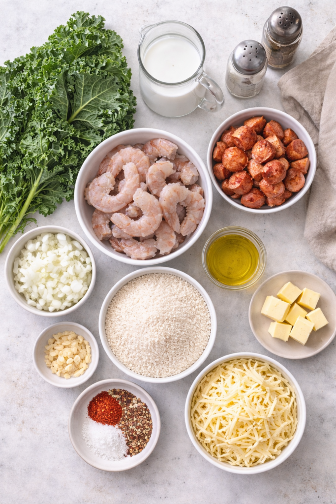 Flat lay of ingredients for shrimp sausage and kale over fontina grits including raw shrimp, smoked sausage, kale, stone ground grits, shredded fontina cheese, milk, butter, olive oil, onion, garlic, and seasonings.