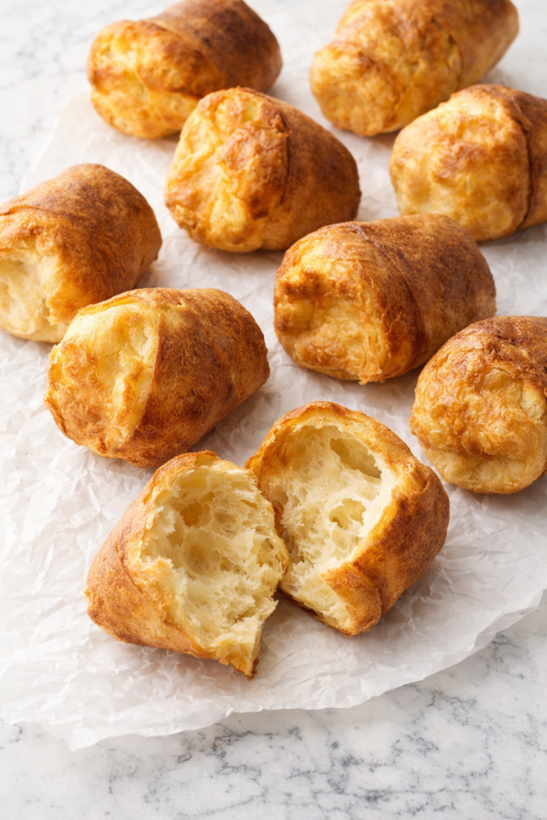 Simple homemade popovers on wrinkled parchment paper with one popover split open showing the airy inside on a white marble counter