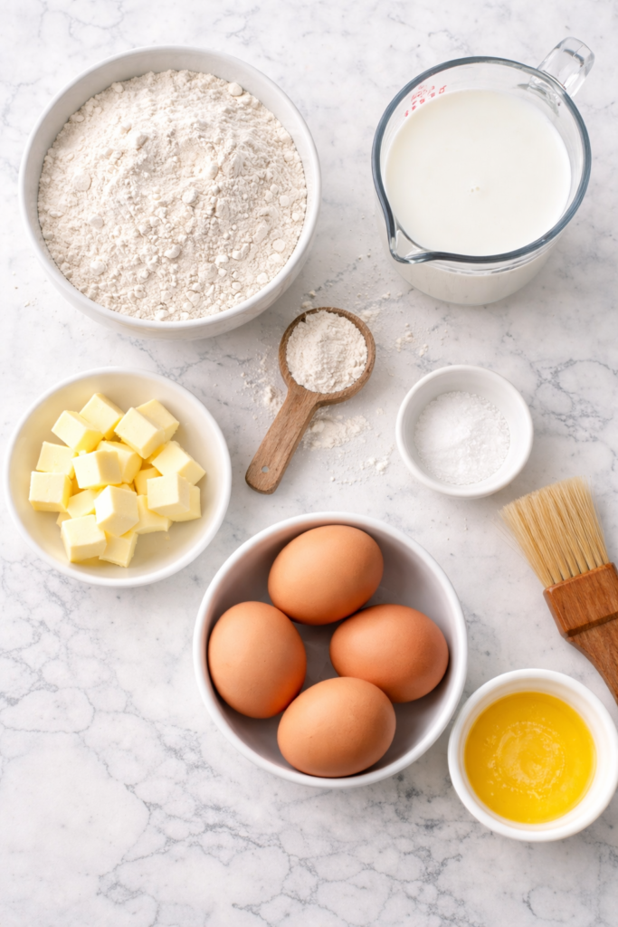 Flat lay of simple popover ingredients including eggs, flour, milk, butter, and salt arranged in bowls on a white marble countertop.