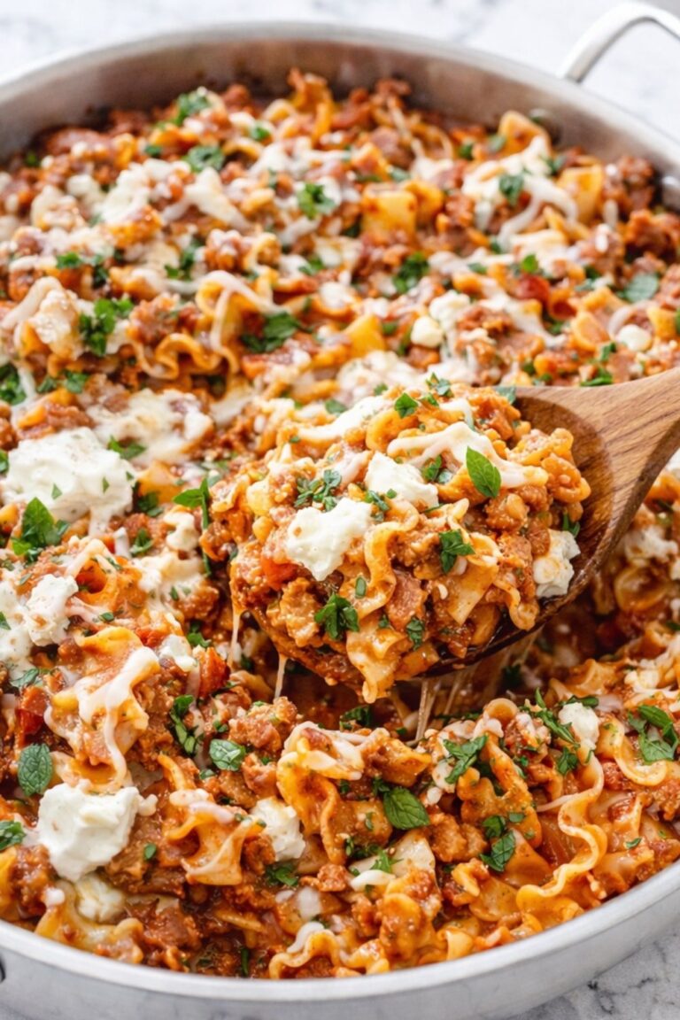 Skillet lasagna with Mediterranean meat sauce, cottage cheese, cinnamon, and mint being scooped with a wooden spoon from a silver skillet