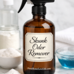DIY skunk odor remover spray recipe using baking soda, hydrogen peroxide, and dish soap to remove skunk smell from dogs.