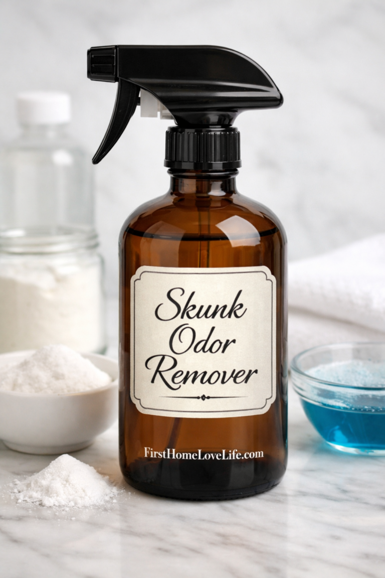 DIY skunk odor remover spray recipe using baking soda, hydrogen peroxide, and dish soap to remove skunk smell from dogs.