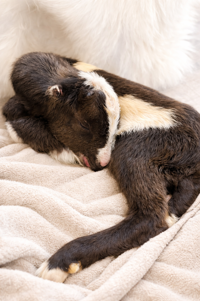 Sleeping baby goat curled up on a soft neutral blanket on a cozy farm.