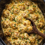 Slow cooker Bavarian meatballs with melted cheese in a crockpot with a dark wooden spoon