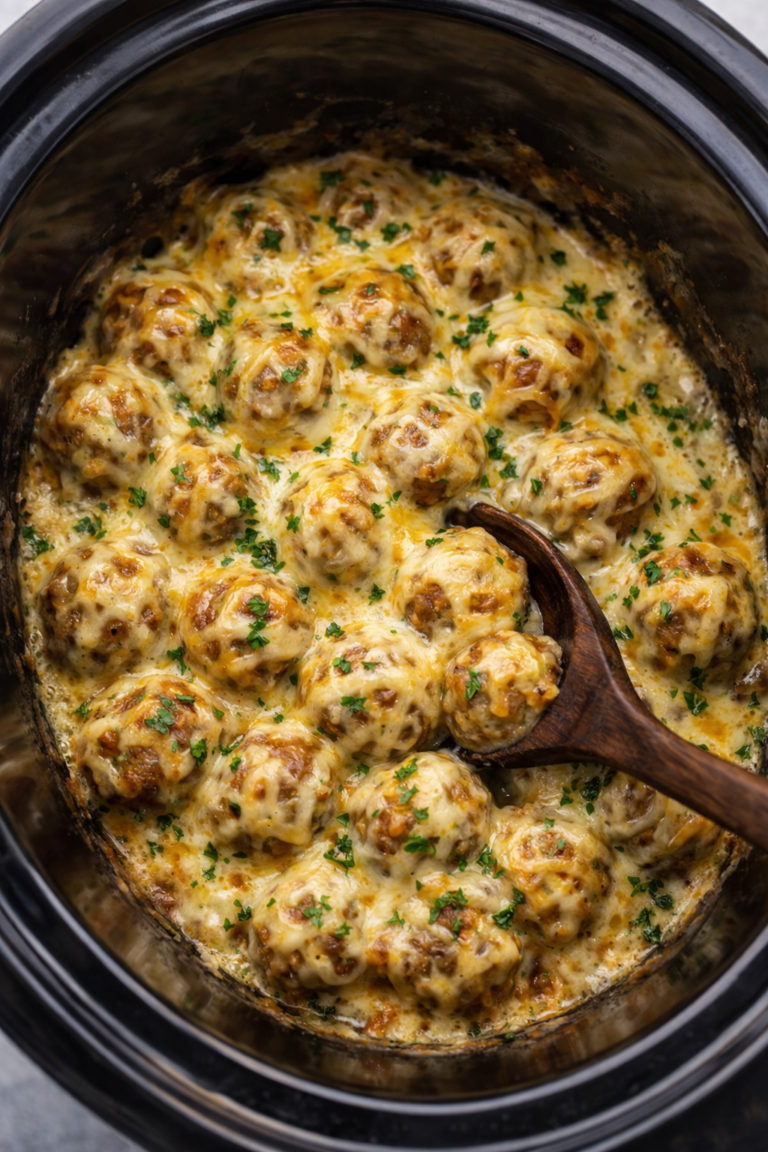 Slow cooker Bavarian meatballs with melted cheese in a crockpot with a dark wooden spoon