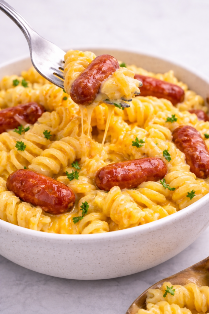Creamy cheddar rotini pasta with cocktail weenies in a bowl with a fork lifting a cheesy bite