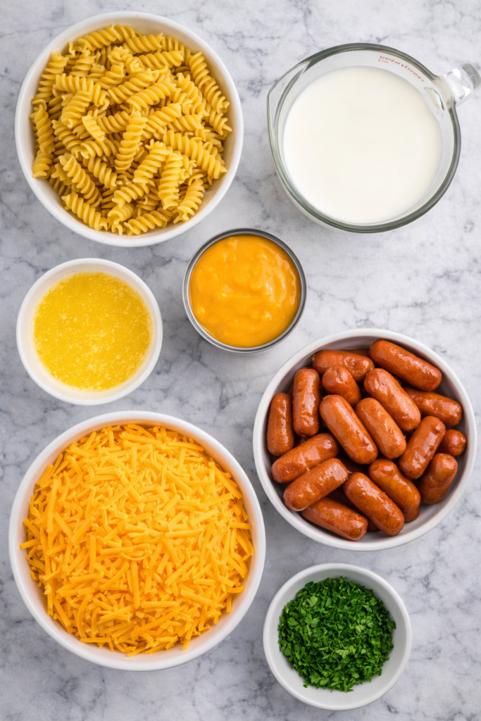 Flat lay of ingredients for slow cooker cheddar pasta with cocktail weenies including rotini pasta, cheddar cheese, butter, half and half, cheddar soup, and little smokies