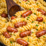 Creamy slow cooker cheddar pasta with cocktail weenies and rotini stirred with a dark wooden spoon