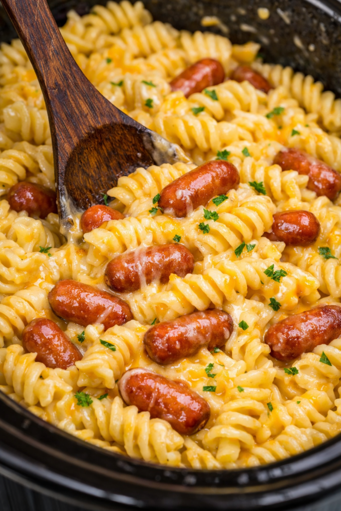 Creamy slow cooker cheddar pasta with cocktail weenies and rotini stirred with a dark wooden spoon
