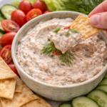 Chip scooping creamy smoked tuna dip from a bowl on a white platter with cucumbers and cherry tomatoes