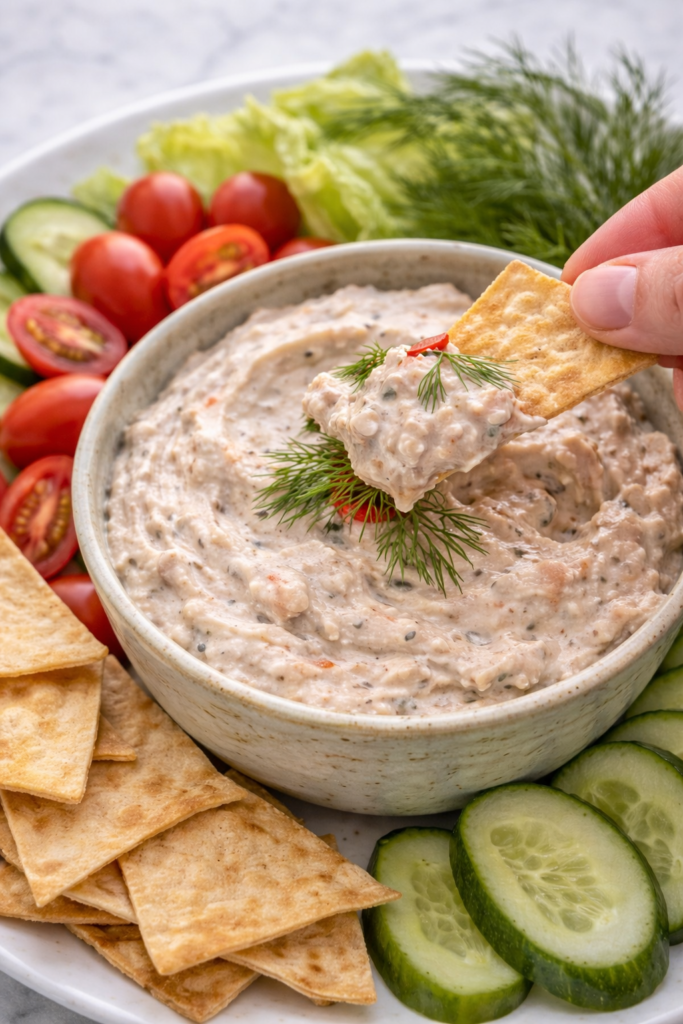 Chip scooping creamy smoked tuna dip from a bowl on a white platter with cucumbers and cherry tomatoes