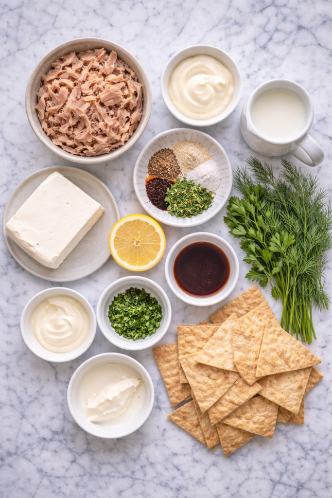 Flat lay of ingredients for smoked tuna dip including tuna, cream cheese, mayonnaise, lemon, Worcestershire sauce, herbs, and spices on a marble countertop
