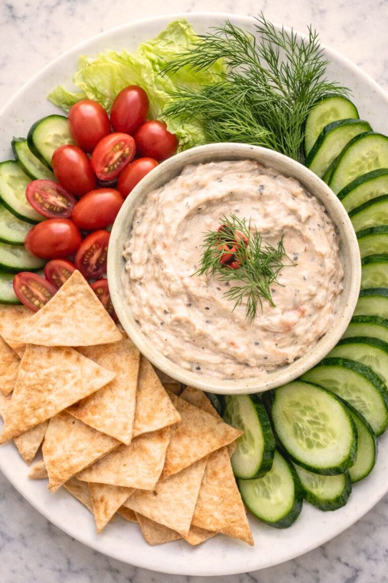 Smoked tuna dip in a bowl on a white platter with cucumbers, cherry tomatoes, and pita chips on a marble countertop