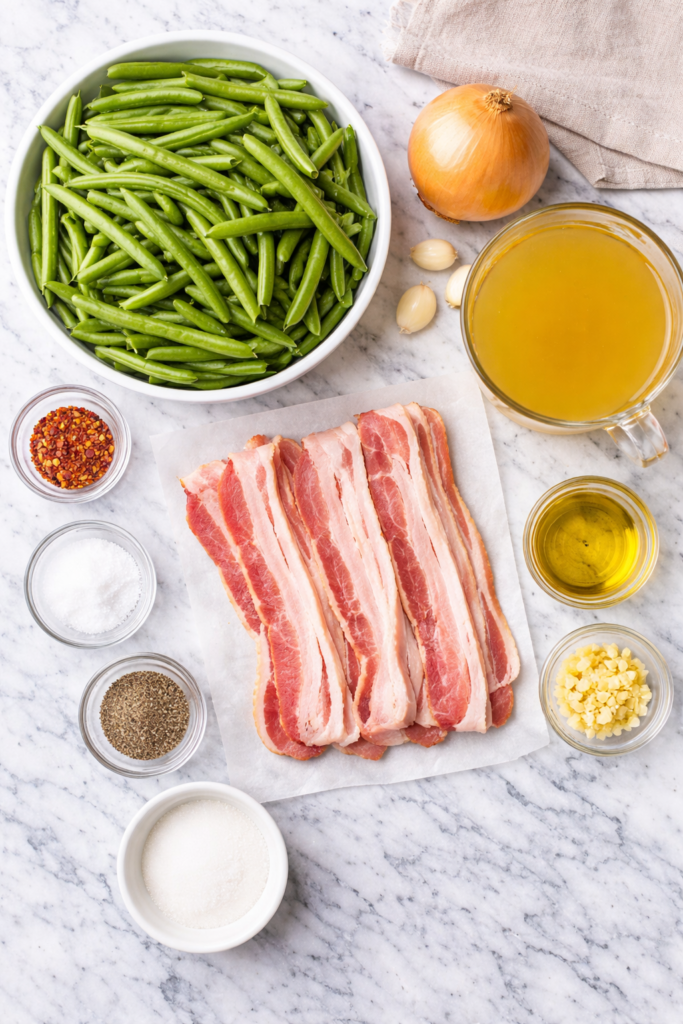 Flat lay of ingredients for Southern green beans including fresh green beans, bacon, onion, garlic, and broth on a marble countertop