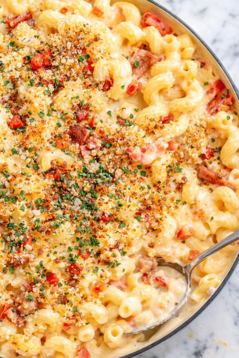 Creamy southern pimento cheese mac and cheese with bacon and crispy breadcrumb topping in a skillet on a marble countertop