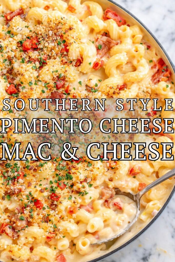Southern style pimento cheese mac and cheese with bacon and crispy topping in skillet with spoon scooping creamy pasta