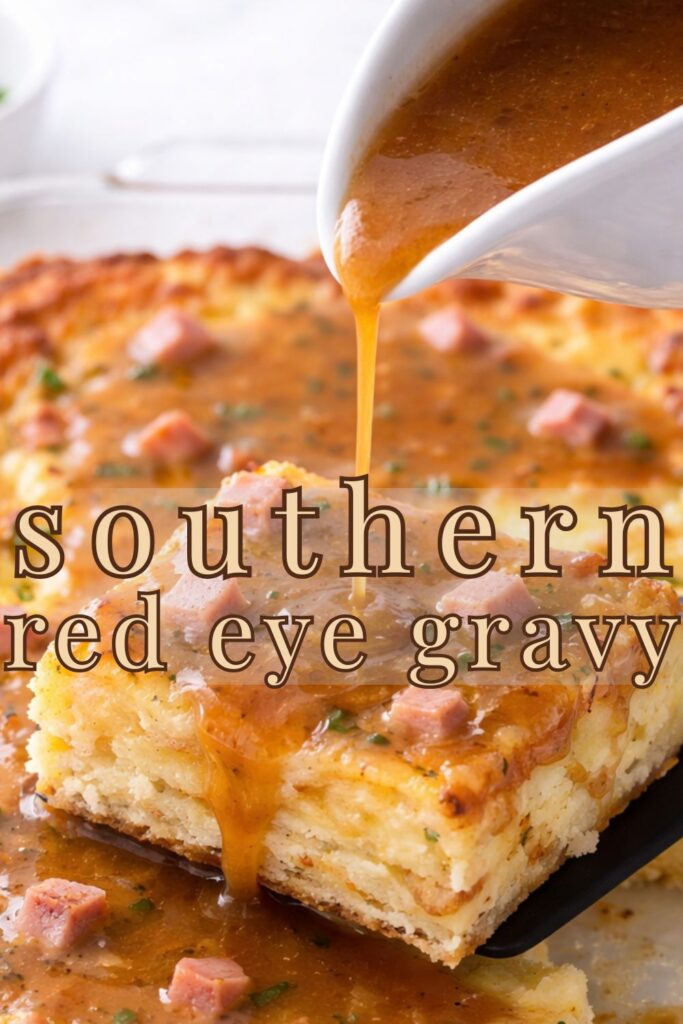 Red eye gravy being poured over a slice of ham and egg casserole with text overlay reading southern red eye gravy