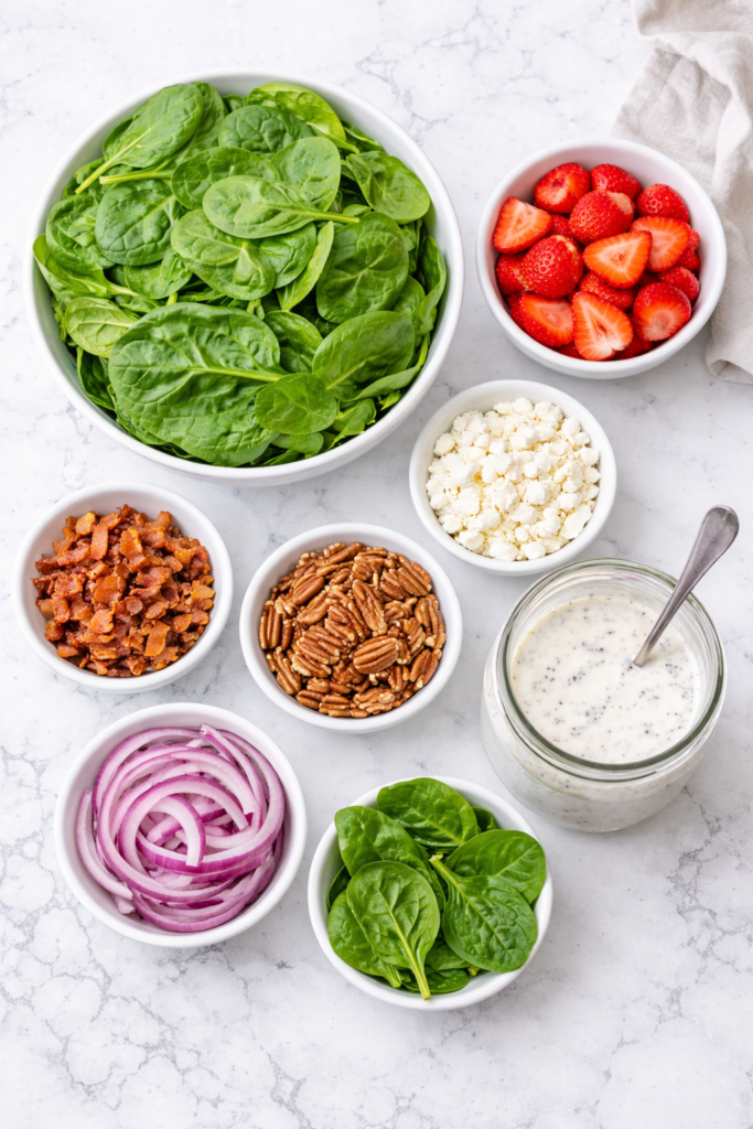 Flat lay of spinach salad ingredients including baby spinach, strawberries, pecans, bacon, feta cheese, red onion, and poppyseed dressing on a marble countertop