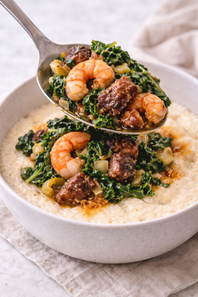 Spoon adding cooked shrimp, sausage, and kale mixture over creamy fontina cheese grits in a neutral bowl.