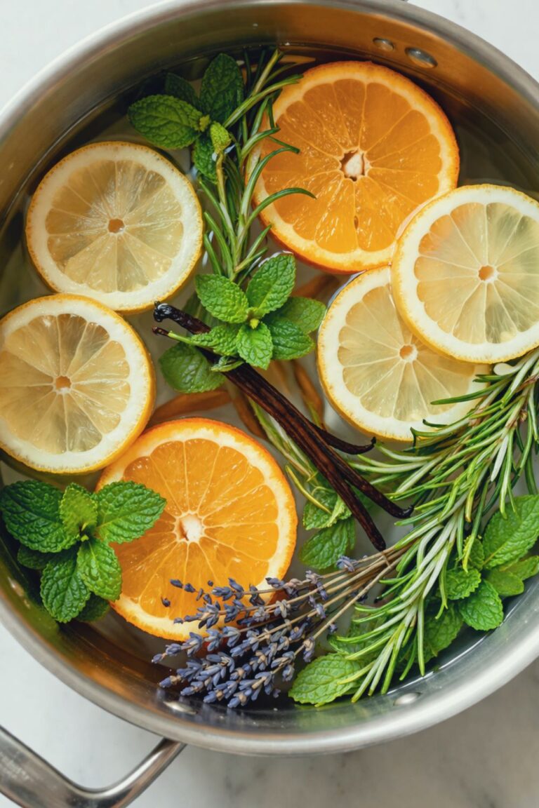 Overhead view of spring stovetop potpourri with lemon, orange slices, rosemary, mint, lavender, and vanilla bean in a pot