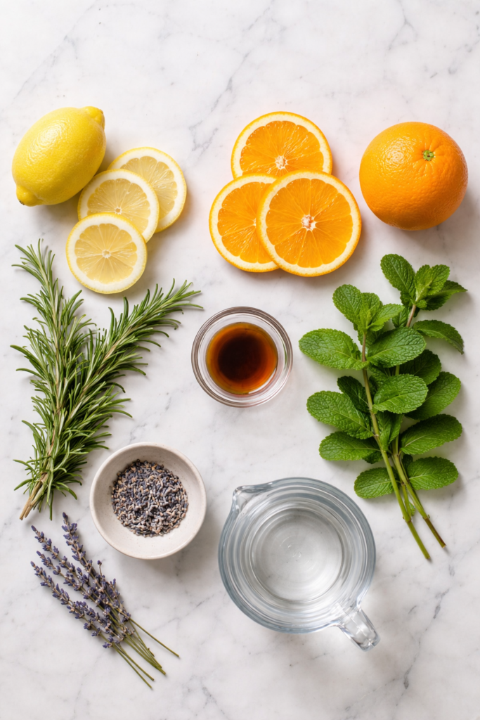 Flat lay of ingredients for spring stovetop potpourri including lemon, orange, rosemary, mint, lavender, vanilla, and water on marble