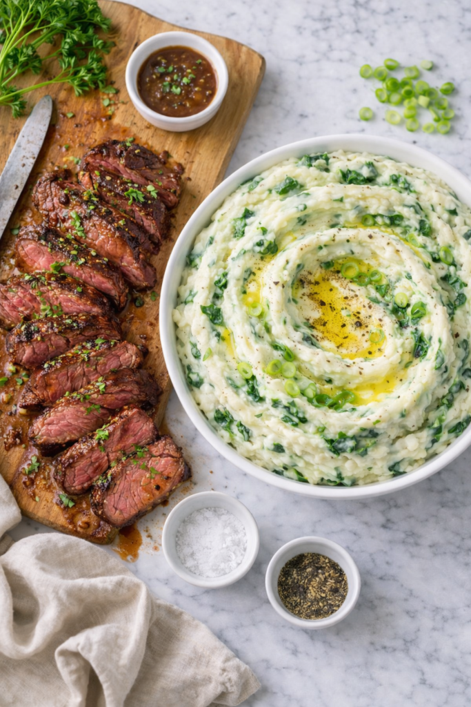 Sliced juicy steak on a cutting board next to creamy Irish colcannon with kale and Boursin cheese in a white bowl
