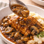spoon pouring rich stout mushroom gravy over braised chicken thighs served with mashed potatoes