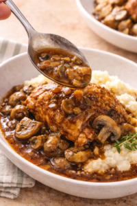 spoon pouring rich stout mushroom gravy over braised chicken thighs served with mashed potatoes