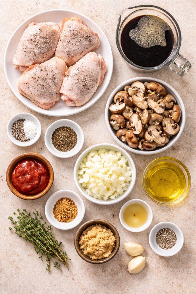 flat lay of ingredients for stout braised chicken and mushrooms including chicken thighs, mushrooms, stout beer, onion, garlic, thyme, tomato paste and seasonings
