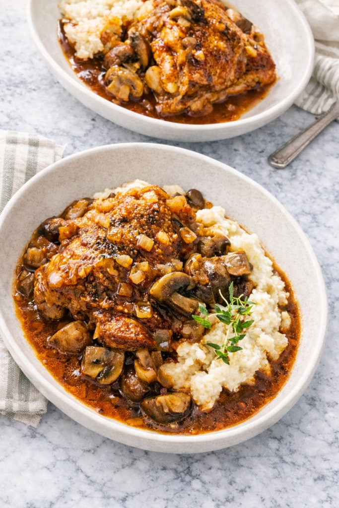 stout braised chicken with mushrooms served over mashed potatoes in a bowl with rich beer gravy