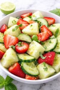 This simple fruit salad is made with juicy strawberries, crisp cucumber, sweet honeydew melon, fresh basil, mint, and a light honey lime dressing. Perfect for brunch, cookouts, spring gatherings, and summer entertaining.