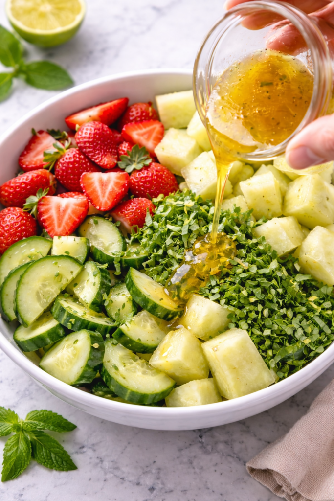 Pouring Honey Lime Dressing Over Strawberry Cucumber Honeydew Salad