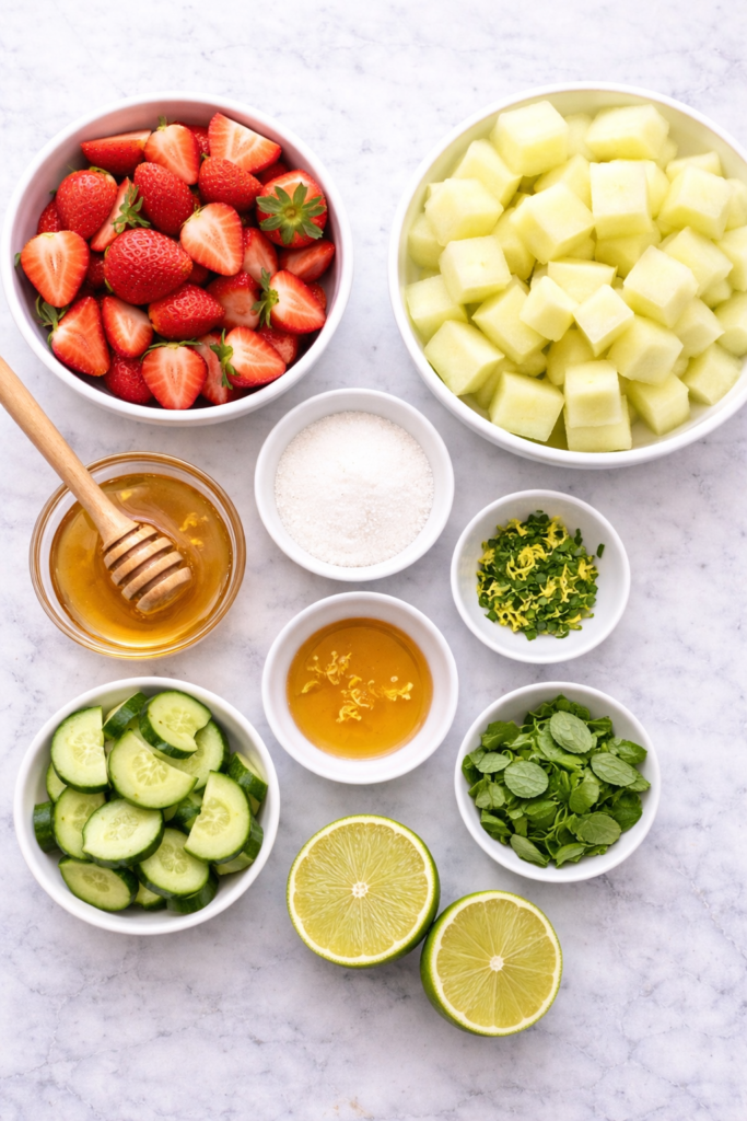 strawberries, cucumber, honeydew melon, honey, lime, sugar, basil, and mint on a marble counter