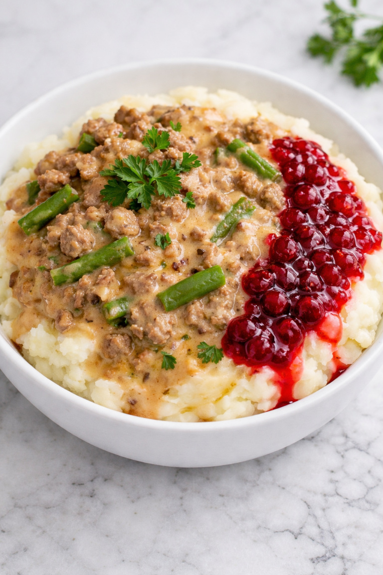 Swedish meatball mashed potato bowl with creamy ground beef gravy, green beans, and lingonberry jam on white marble counter